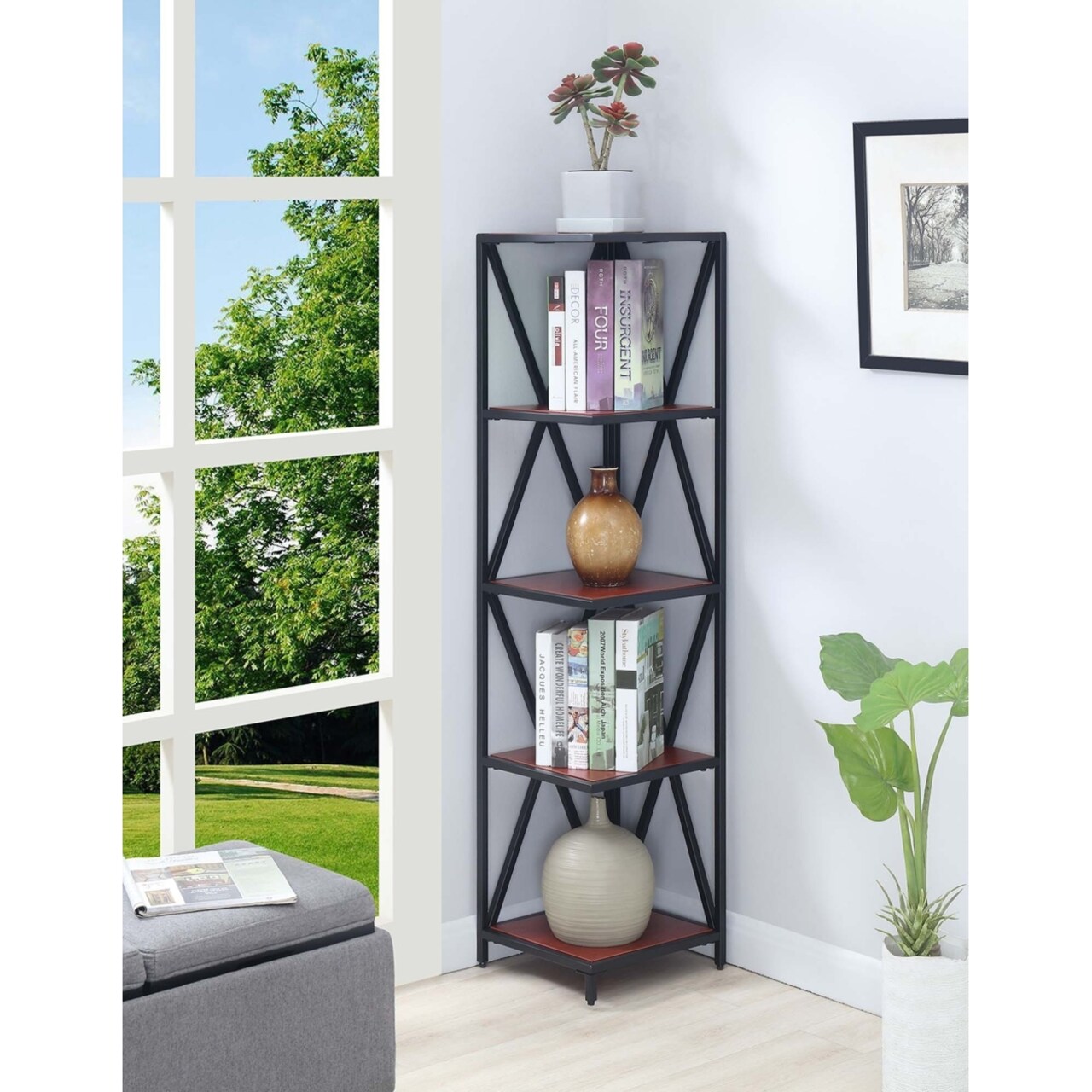 Convenience Concepts Tucson Metal 5 Tier Corner Bookcase, Cherry and Black